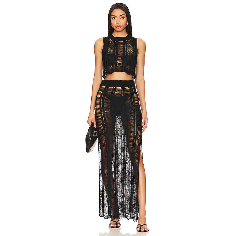 superdown Black Distressed Sheer Knit Crop Tank & Maxi Skirt Set